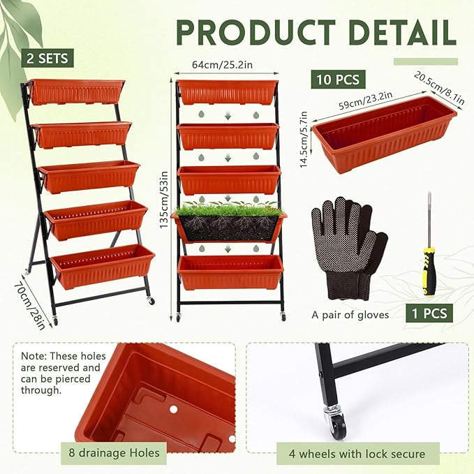 2 Pack 5-tier Vertical Garden Planter 4.5 ft Tall Raised Garden Bed with Lockable Wheels & Drainage, Removable Elevated Herb Vegetable Flower Planter for Patio Deck Indoor Outdoor(Brick Red) Briwooody