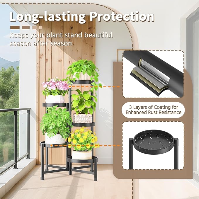 LASZOLA 5 Tiered Folding Tall Plant Stand Indoor for Multiple Large Planter, Heavy Duty Metal Adjustable Flower Rack for Narrow Corner, Sturdy Vertical Spiral Shelving Holder for Modern House, Black LASZOLA