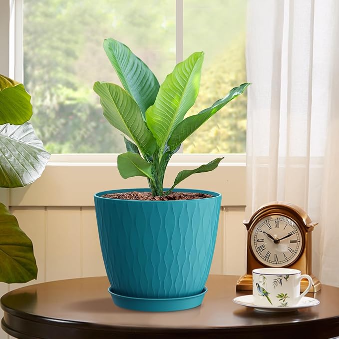6 inch Plant Pots, 5 Pack Flower Pots with Drainage Holes and Saucers for Indoor Plants, Plastic Planters with Water Ripple for Small Garden House Plants, Nursery Pots for Succulent, Blue Green WSMKSZ