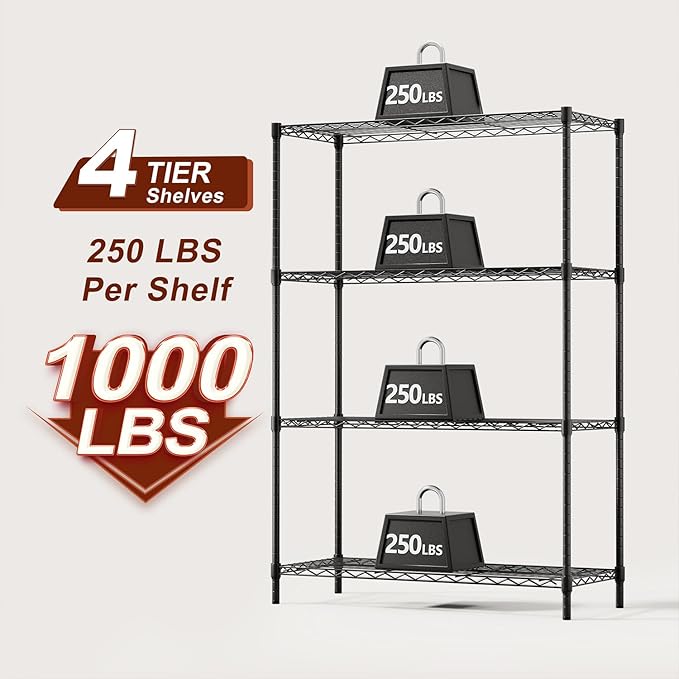 BestOffice | 4-Tier Wire Storage Shelves | 36x14x54 | Black | with Adjustable Racks | Heavy-Duty Metal Shelf, Holds Upto 1000 lbs | No-Tool Assembly | Ideal for Home & Garage Shelving BestOffice