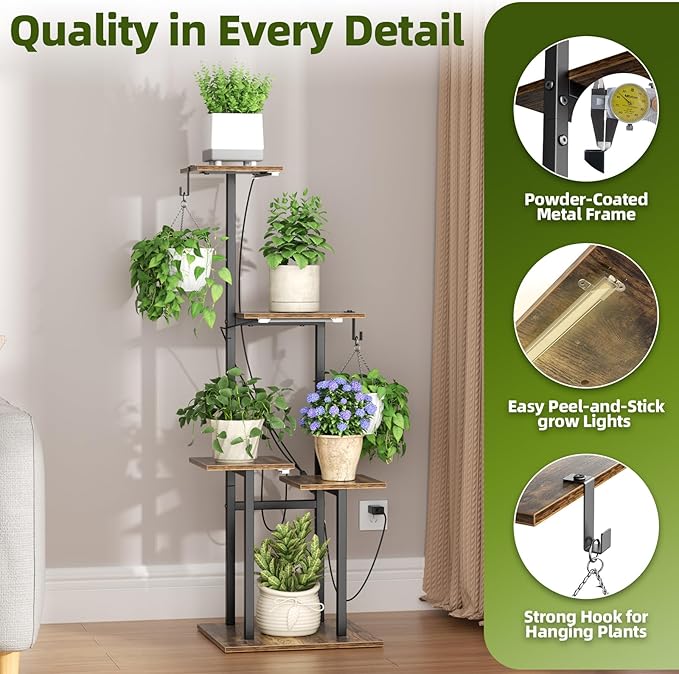 Plant Stand Indoor with Grow Lights, 46" Metal Corner Plant Shelf with 3 LED Lights, 2 Hanging Hooks, 5-Tiered Tall Plant Flower Holders for Living Room, Garden, Patio (Black Brown) Unlumm