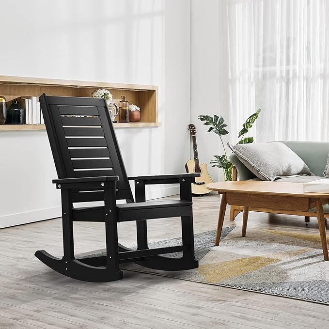 GREENVINES Outdoor Rocking Chairs | Set of 4 | Porch Rocker | HDPE Plastic | Black | Oversized Rockers | High Back | Big & Tall | Ladder Back | for Patio Outside Backyard Balcony Garden GreenVines