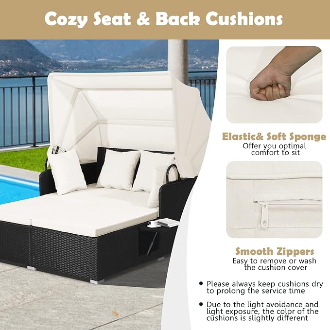 Tangkula Patio Rattan Daybed with Retractable Canopy, Outdoor Wicker Sunbed Lounger with 2 Foldable Side Tables, Thick Seat & Back Cushions, Double Daybed for Garden, Backyard, Porch (Off White) TANGKULA