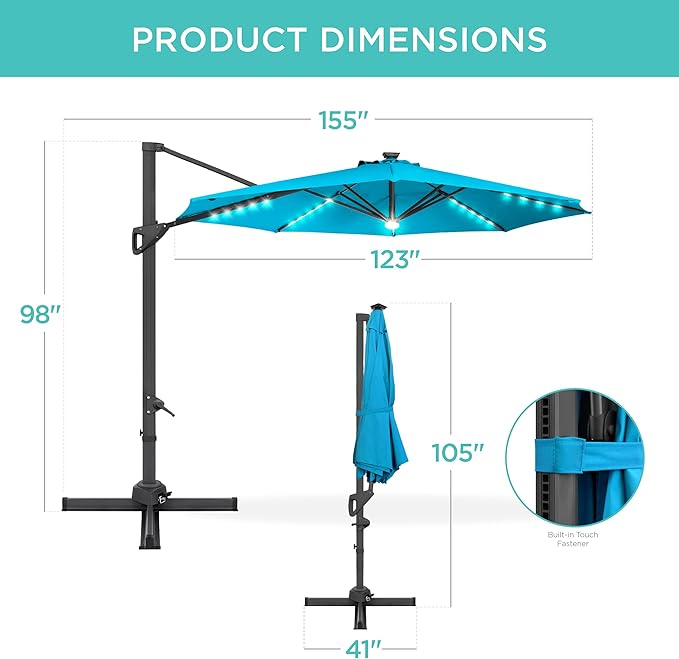 Best Choice Products 10ft Solar LED Cantilever Patio Umbrella, 360-Degree Rotation Hanging Offset Market Outdoor Sun Shade for Backyard, Deck, Poolside w/Lights, Easy Tilt, Cross Base BestChoiceProducts
