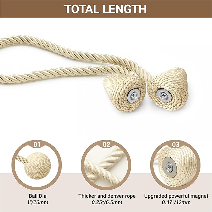 Hion Magnetic Curtain Tiebacks Beige 2pcs, Curtain Tiebacks Buckles Holdbacks Holders Hooks Clip for Home Bedroom Office Decorative Curtain Hion