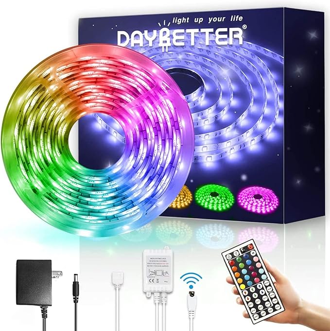 DAYBETTER Waterproof Led Lights for Bedroom, 16.4ft Led Strip Lights, 150 LEDs Color Changing RGB 44 Keys Remote Controller, 12v for Outdoor Room Home Party Christmas Decoration DAYBETTER