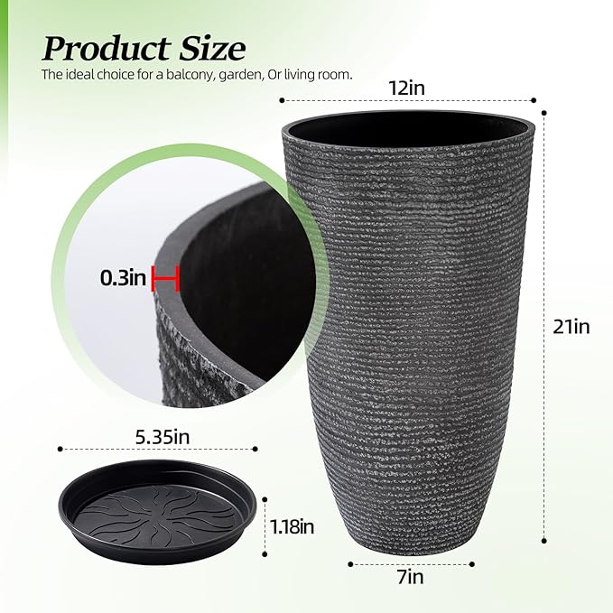 QCQHDU Large Tall Dark Gray Planters Set of 2-9 Gallon 12" Round Outdoor Planters for Front Door & Patio, Faux Stone Indoor Plant Pots with Tray, Porch Decor Plant Containers QCQHDU