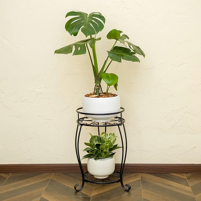 FaithLand 2 Pack Plant Stands, Heavy Duty Metal Planter Holder Indoor Outdoor, 2 Tier Round Potted Supports Rack, Corner Display Shelf Black FaithLand