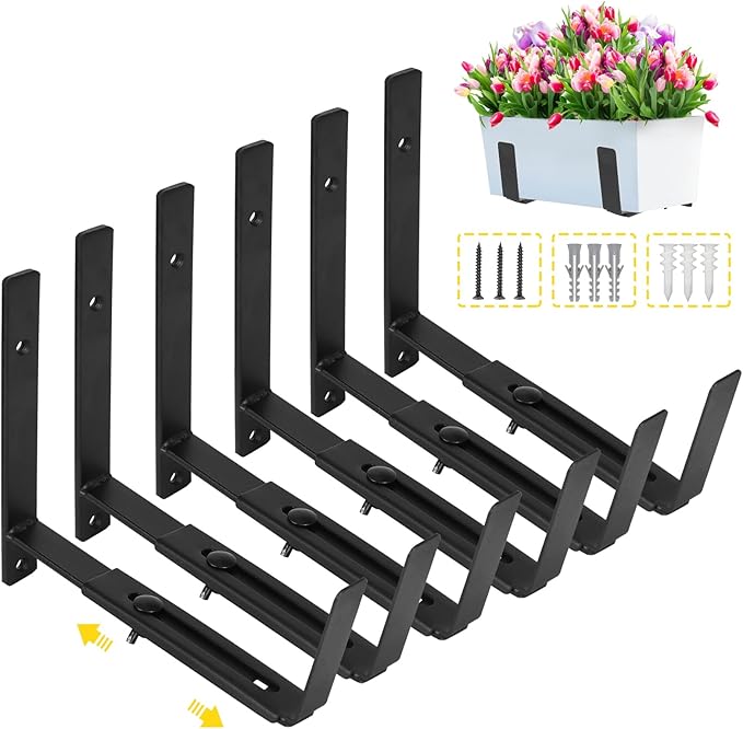 LukLoy Window Planter Box Brackets, 6 Pack Adjustable Heavy Duty Wall Mount Window Flower Boxes Outdoor with Bracket (6 to 12 in), with 70lbs Capacity, Black LukLoy