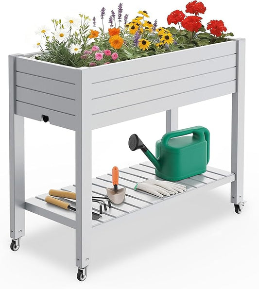 Raised Garden Bed with Legs, 33.66" Tall Self-Watering Resin Planter Box with Lockable Wheels Drainage Plug and Gauge for Vegetables, Flowers, Storage Shelf for Tools and Accessories (Ashen) OutdoorLivingPerfected