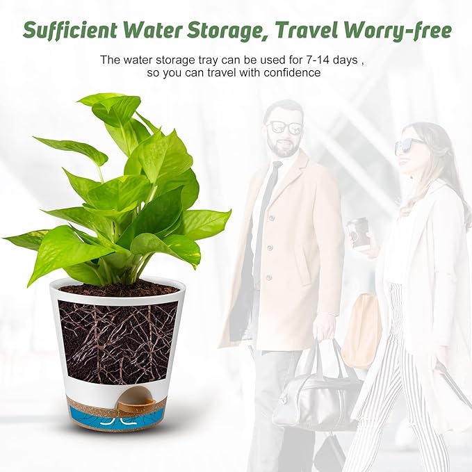 Indoor Self Watering Planters with Drainage Holes and Saucers, 8, 7, 6.5, 6, 5.5, 5 Inches, White, 6 Pots AFamilyofGardenLovers