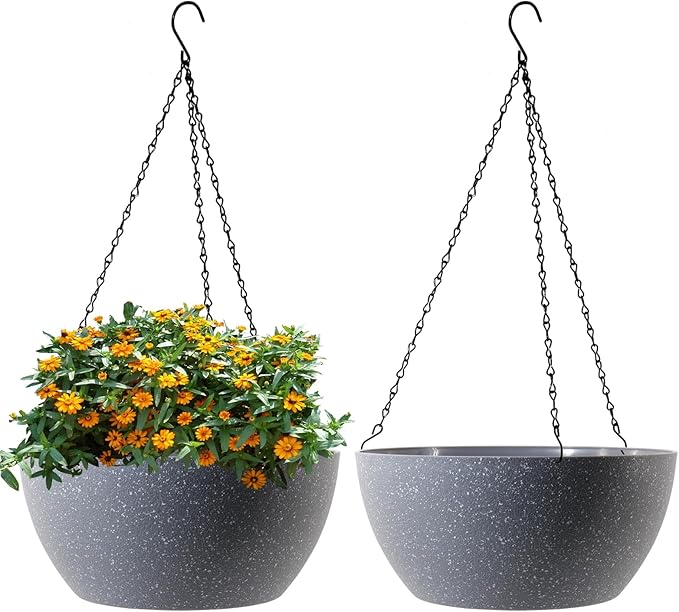 10 inch Hanging Planters for Outdoor Indoor Plants with Drainage Holes and Chain, 2 Pack Round Hanging Flower Plant Pots for Garden Home Porch Decor, Speckled Grey WSMKSZ