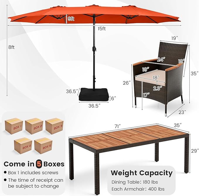 Tangkula 11 Piece Rattan Outdoor Dining Set with 15Ft Patio Umbrella for 8, Outdoor Wicker Table Set with 8 Cushioned Armchairs, Acacia Wood Top, Outdoor Umbrella with Base Included TANGKULA