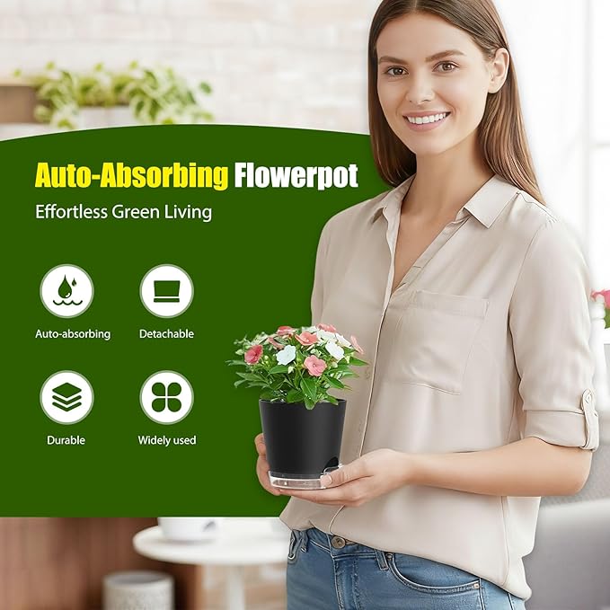 Plant Pots 4 Inch Self Watering Pots,6 Pack Plastic Planters with Drainage Holes and Clear Saucers,Plastic Flower Pots,Nursery Planting Pot for Indoor Out Door Plants (Black, 4 inch) SQKH
