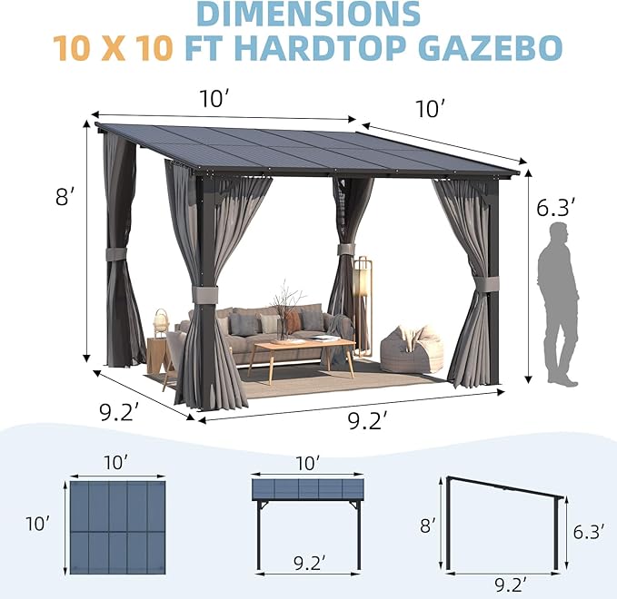 AECOJOY 10’ x 10’ Gazebo, Wall Mounted Gazebos Pergola with Curtains and Mosquito Netting, Enhanced Protective Outdoor Patio Lean to Gazebo Awnings for Deck, Porch, Backyard and Outside AECOJOY