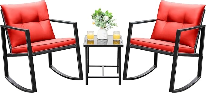 Devoko 3 Piece Rocking Bistro Set Wicker Patio Outdoor Furniture Porch Chairs Conversation Sets with Glass Coffee Table (Red) DEVOKO