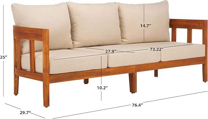 SAFAVIEH Outdoor Collection Owen Acacia Solid Wood Natural/Taupe Cushion 3-Seater Sofa SAFAVIEH