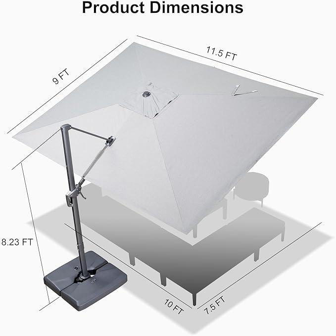 PURPLE LEAF Patio Umbrella 9' X 11.5' Rectangle Cantilever Umbrella Large Aluminum Outdoor Umbrellas with 360-degree Rotation & UPF40+ Premium Fabric for Deck Pool Garden Yard, Pebble Grey Rootora