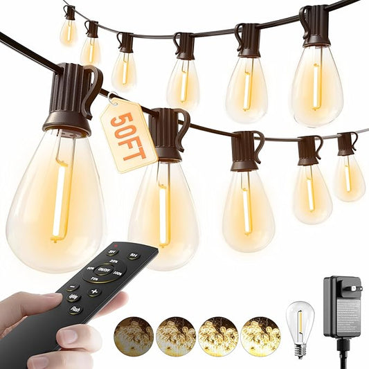 luckystyle 50FT LED Outdoor String Lights with Remote,16+1 Shatterproof Bulbs Waterproof and Dimmable Patio Lights for Porch, Garden, Backyard, Deck, Balcony, 2200K, Hanging Lighting luckystyle