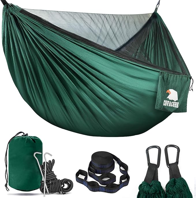 Covacure Camping Hammock - Lightweight Double Hammock, Hold Up to 772lbs, Portable Hammocks for Indoor, Outdoor, Hiking, Camping, Backpacking, Travel, Backyard, Beach（Dark Green） covacure
