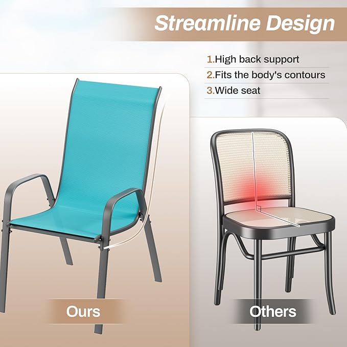 TLSUNNY Patio Chairs, Stackable Textilene Outdoor Dining Furniture for All Weather, with 17.7″ Wide Seat & Metal Frame, for Garden, Backyard, Deck, Restaurant, Poolside (6, Turquoise Blue, 24.6″) TLSUNNY