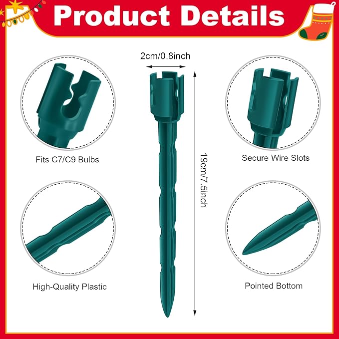 60 Pcs 7.5 Inch Christmas Light Stakes, Christmas Yard Stakes for C7 C9 Christmas Lights, Garden Path Walkway Holiday Decorations(Green) Rootora