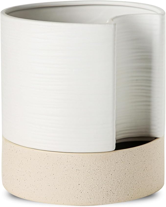 Nihow Self Watering Plant Pot: 8 Inch Ceramic Planter with Drainage Hole & Water Storage Plus for Indoor & Outdoor Plants - Cylinder Round Flower Pot for Succulent/Herbs/Violets - White & Brown Nihow