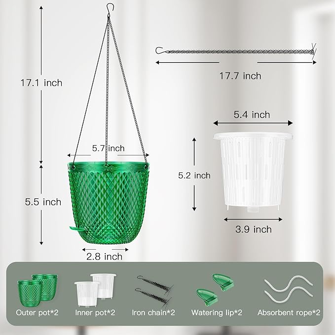 QCQHDU Self Watering Hanging Pots, 2 Pack 5.7 Inch Hanging Planters for Plants Indoor, Outdoor Flower Pots with Drainage Holes and 3 Hooks Chains for Garden Home (Emerald) QCQHDU