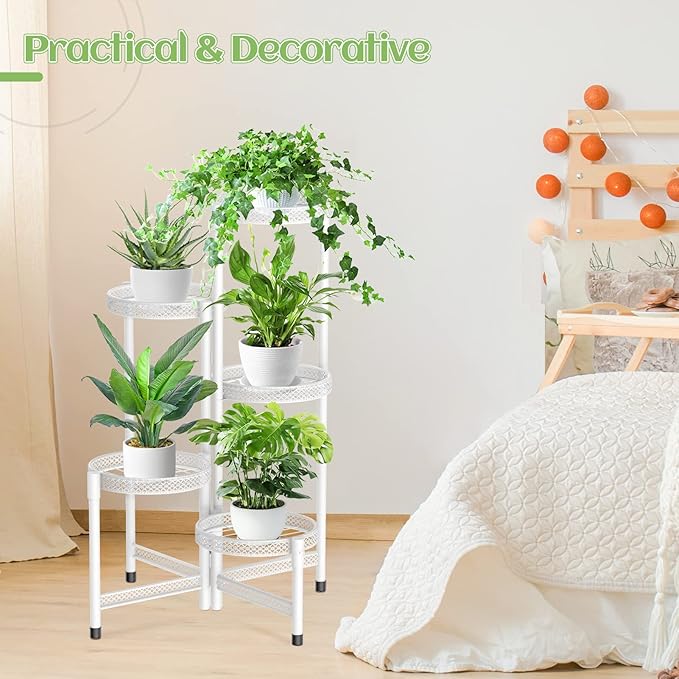 iDavosic.ly Plant Stand Indoor Outdoor, 5 Tier Corner Metal Flower Display Holder Shelf, Easy Assembly Folding Tall Orchid Rack for Patio Balcony Porch Garden Living Room House, Wrought Iron - White iDavosicly