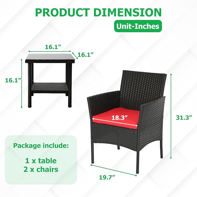 FDW | 3-Piece Patio Furniture Set | Black & Red | Outdoor Wicker Furniture with Coffee Table | Modern Rattan Chairs Conversation Set | Outdoor Seating | Weather-Resistant | for Porch, Garden, Lawn FDW