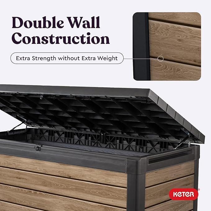 Keter Signature Collection 150 Gallon Resin Deck Box Organization and Storage Box for Patio Outdoor Cushions, Throw Pillows, Garden Tools and Pool Supplies, Ashwood Keter
