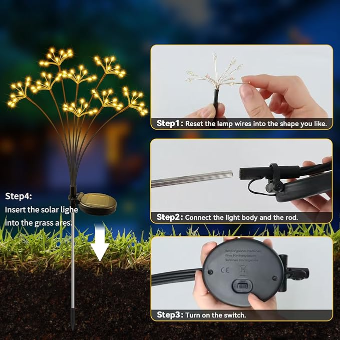 JJGoo Solar Garden Lights, New Upgraded 2 Pack Solar Swaying Starburst Light, Waterproof Fireworks Outdoor Lights, Yard Patio Pathway Decoration, Warm White JJGoo