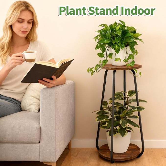 Plant Stand Indoor, 2 Tier Plant Shelf Pedestal Stand Flower Stand, Metal Wood Plant Stands for Indoor Plants Living Room Balcony Deck Garden OugeWood