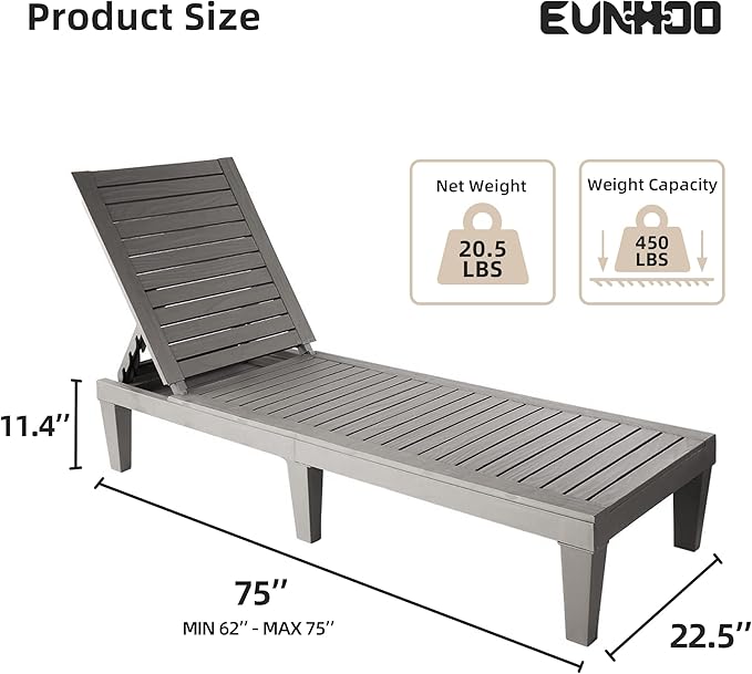 Outdoor Chaise Lounge Set of 2, Adjustable Pool Lounge Chair with 5 Positions Backrest, Waterproof Sun Loungers for Garden Pool Beach Patio Deck Sunbathing EUNHOO