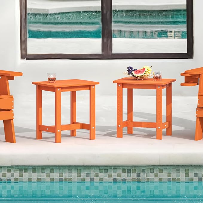 LUE BONA Outdoor Side Table Set of 2, HDPS Small Outdoor Table, Adirondack Side Table, Outside End Table for Patio, Porch, Deck, Pool, Weather Resistant/Easy Maintenance/Indoor or Outside Use, Orange LUEBONA