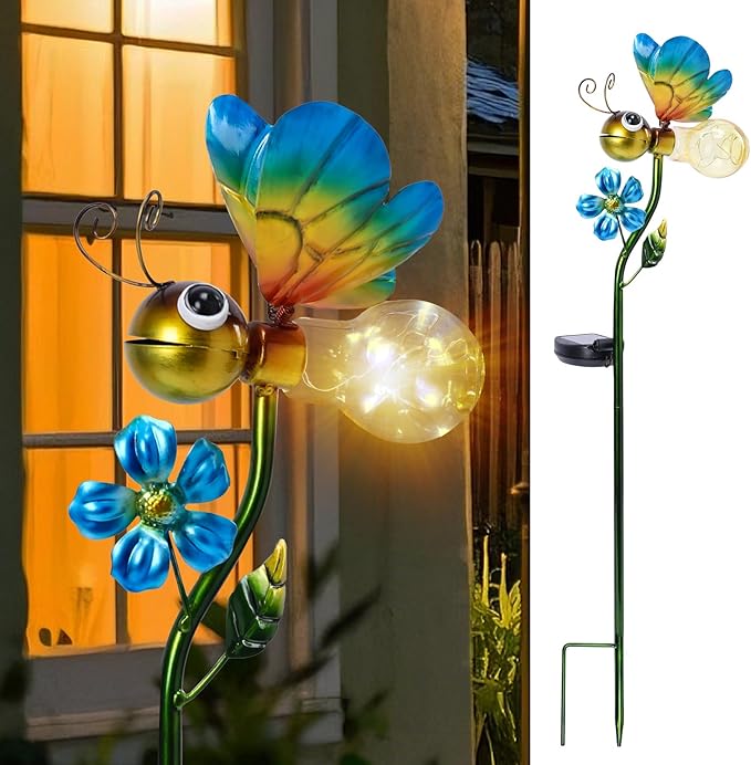 Decorative Solar Lights Outdoor Solar Bee Stake Lights Metal Decorative Garden Lights Outdoor Waterproof Stakes for Pathway Yard Lawn Decoration Mothers Day Mom Gifts Afirst