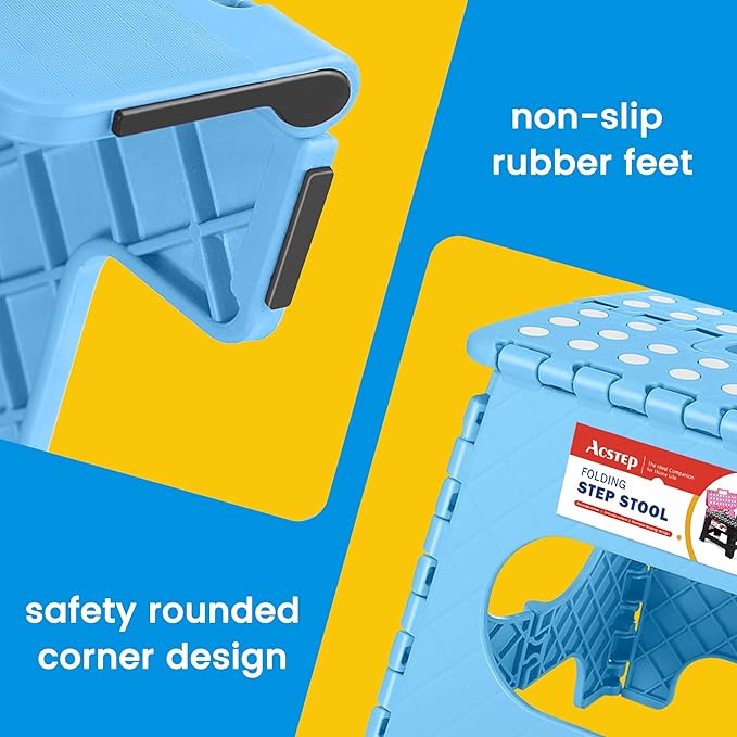 ACSTEP Folding Step Stool for Adults 11 Height Lightweight Plastic Stepping Stool Foldable Step Stool Hold up to 300lbs Non Slip Collapsible Stool Blue ACSTEP