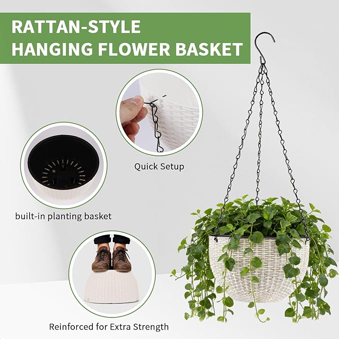 4 Sets of 8.2 Inch Self Watering Hanging Planter Flower Pots, Suitable for Indoor and Outdoor Plant Flower, Basket Flower Pots with Hanging Chains, Spray Bottles, Planting Tools, Hook (White) Rootora