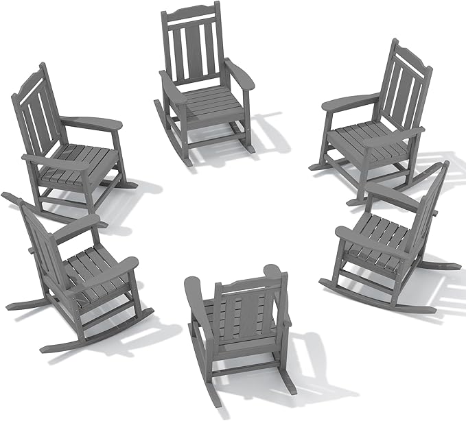 SERWALL Outdoor Rocking Chair Set of 6, Patio Rocking Chair Sets, HDPE Rocking Chair for Adults, Gray SERWALL