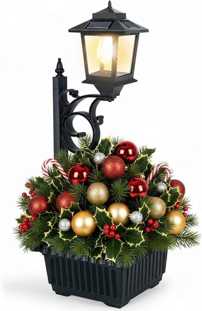 PASAMIC 2 in 1 Outdoor Flower Pots for Real or Fake Flowers, Solar Lamp Post Lights - Wall Mount or Freestanding, Waterproof Decorative Lamp for Lawn, Patio, Front/Back Door PASAMIC