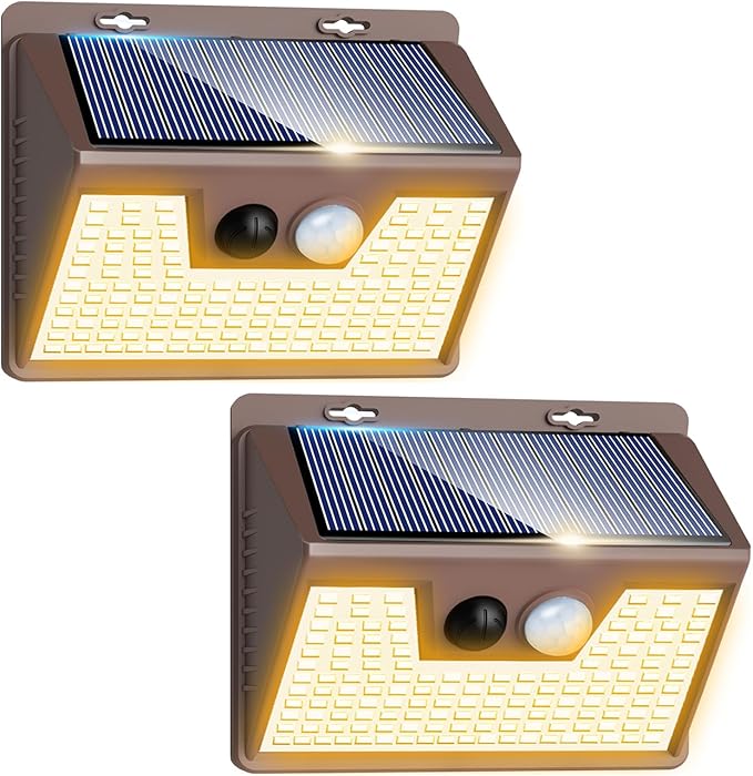 Peasur Solar Lights Outdoor Motion Sensor Waterproof, 2Pack 140LED Brown Solar Powered Fence Light, 3 Modes Security Wall Lights for Garden Yard Outside(Warm White) Peasur