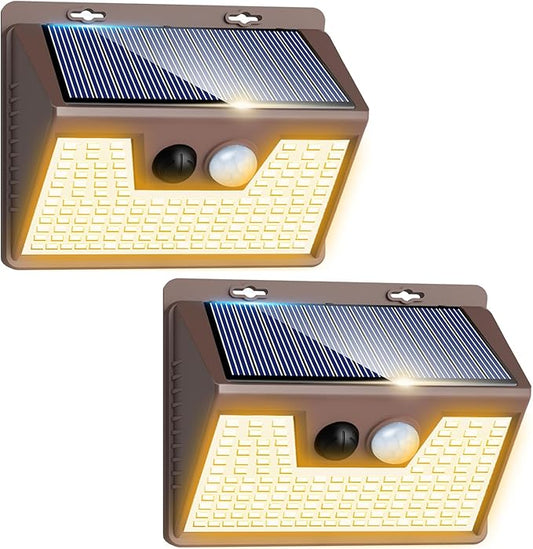 Peasur Solar Lights Outdoor Motion Sensor Waterproof, 2Pack 140LED Brown Solar Powered Fence Light, 3 Modes Security Wall Lights for Garden Yard Outside(Warm White) Peasur