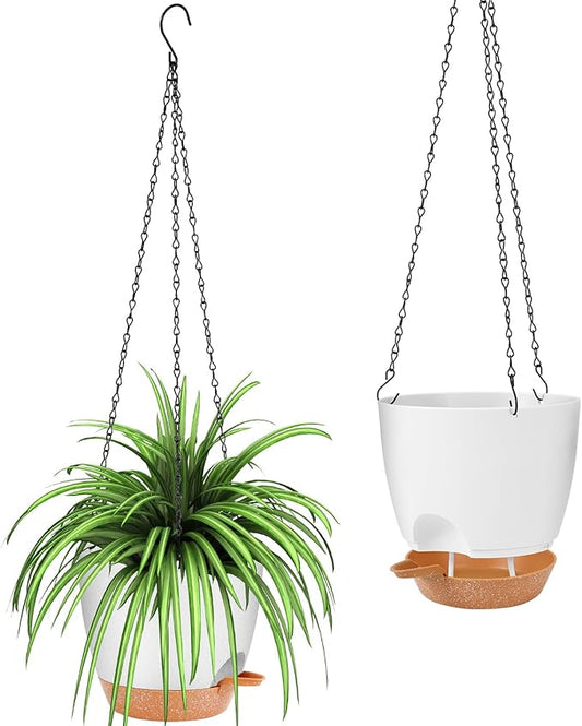 GARDIFE hanging planter, 8 inch hanging planters for indoor. outdoor plants , Self watering plant pot, 2 Pack Large self watering hanging planter (8-White, 8 inch) GARDIFE