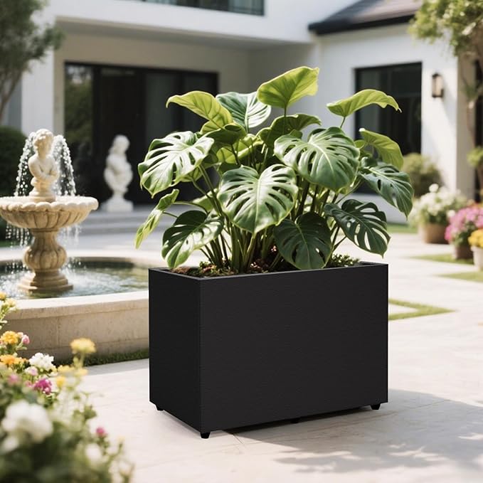 Planter Box Rectangular Block - 24×16×12IN Galvanized Steel Metal Long Box Planter Easy Installation Modern Outdoor Tall Planters All-Weather Use with Drainage Holes for Patio/Porch(Black) Zezgeuro