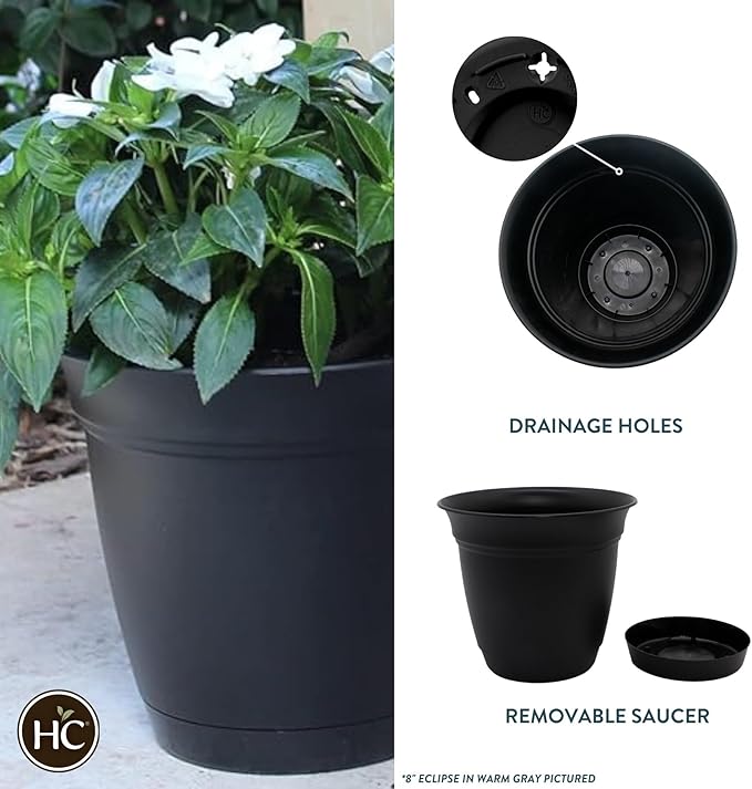 The HC Companies Eclipse Round Planter with Saucer - Outdoor & Indoor Plant Pot with Drainage Holes - Lightweight, UV-Resistant Plastic Pots for Plants, Flowers & Herbs (8" Black, Pack of 1) TheHCCompanies
