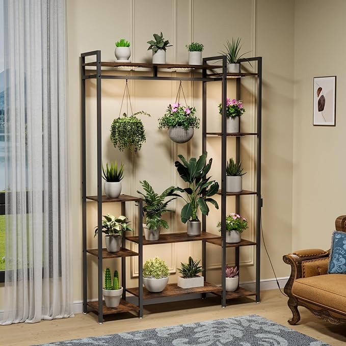 Plant Stand Indoor with Grow Lights 11 Tiered Wood Indoor Plant Shelf 62" Tall Plant Stand Metal Frame for Indoor Plants Multiple Flower Pot Holder, Large Plant Rack for Living Room Patio Corner Rootora