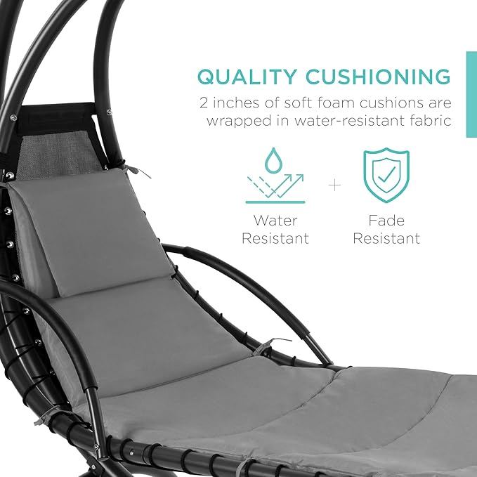 Best Choice Products Outdoor Hanging Curved Steel Chaise Lounge Chair Swing w/Built-in Pillow and Removable Canopy - Charcoal Gray BestChoiceProducts