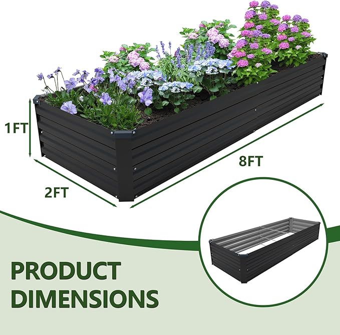 8×2×1FT(2PCS) Galvanized Raised Garden Bed Kit, Metal Planter Boxes,Large Outdoor Planters Garden for Planting Vegetables,Flowers,Herbs -Black ZUNUDA