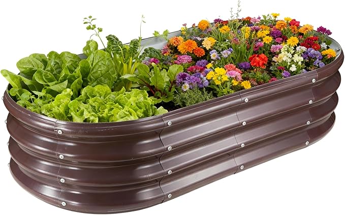 GOOZOO Galvanized Planter Raised Garden Bed, 4x2x1ft Raised Garden Bed Kit for Gardening Outdoor, Oval Metal Land Planter Box for Vegetables, Fruits, Flowers（Brown） GOOZOO