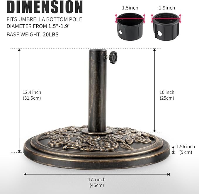 Backyard Expressions 20 lb Patio Umbrella Base Stand, Decorative Rose Medallion Antique Bronze Finish, Fits 1.5–1.9 in Poles w/Adapters, 18 in Round Weighted Outdoor Umbrella Holder for Deck & Table BackyardExpressions